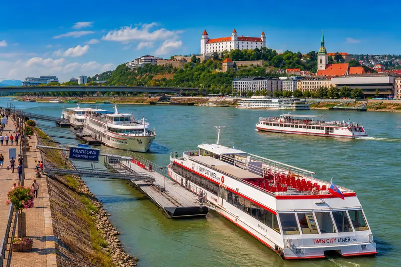 Danube riverfront and sightseeing boats in Bratislava