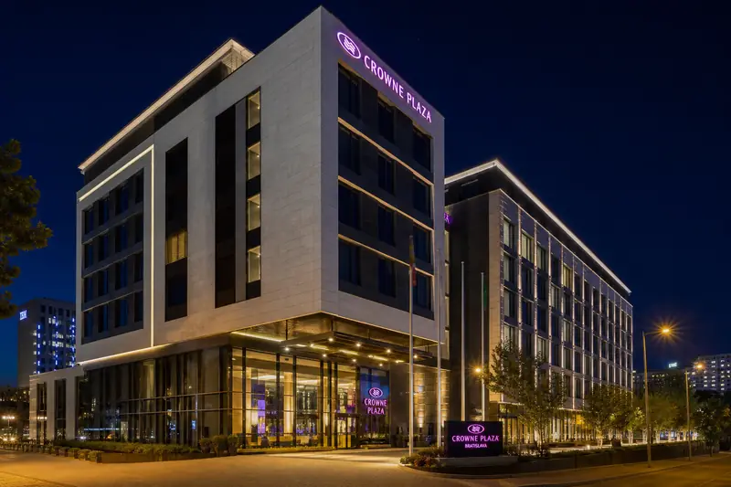 Crowne Plaza hotel exterior at night