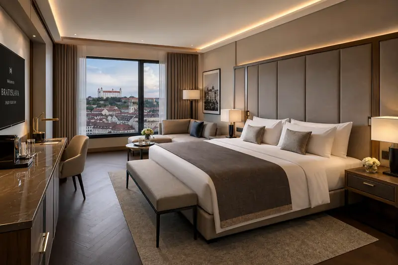 Luxury hotel room with king-size bed