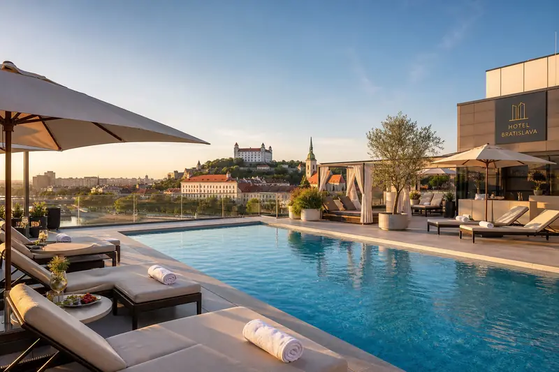 Hotel pool and sun loungers