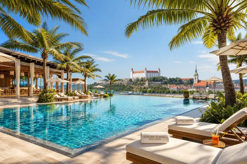 Resort with pool and palm trees