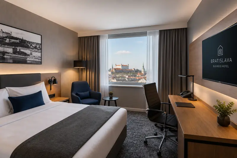 Hotel room with work area